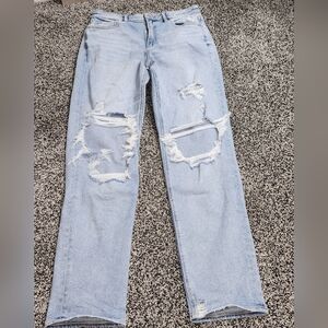 American‎ Eagle Mom Jeans Women's Sz 10 Xlong Lightwash Stretch Destruction 90's